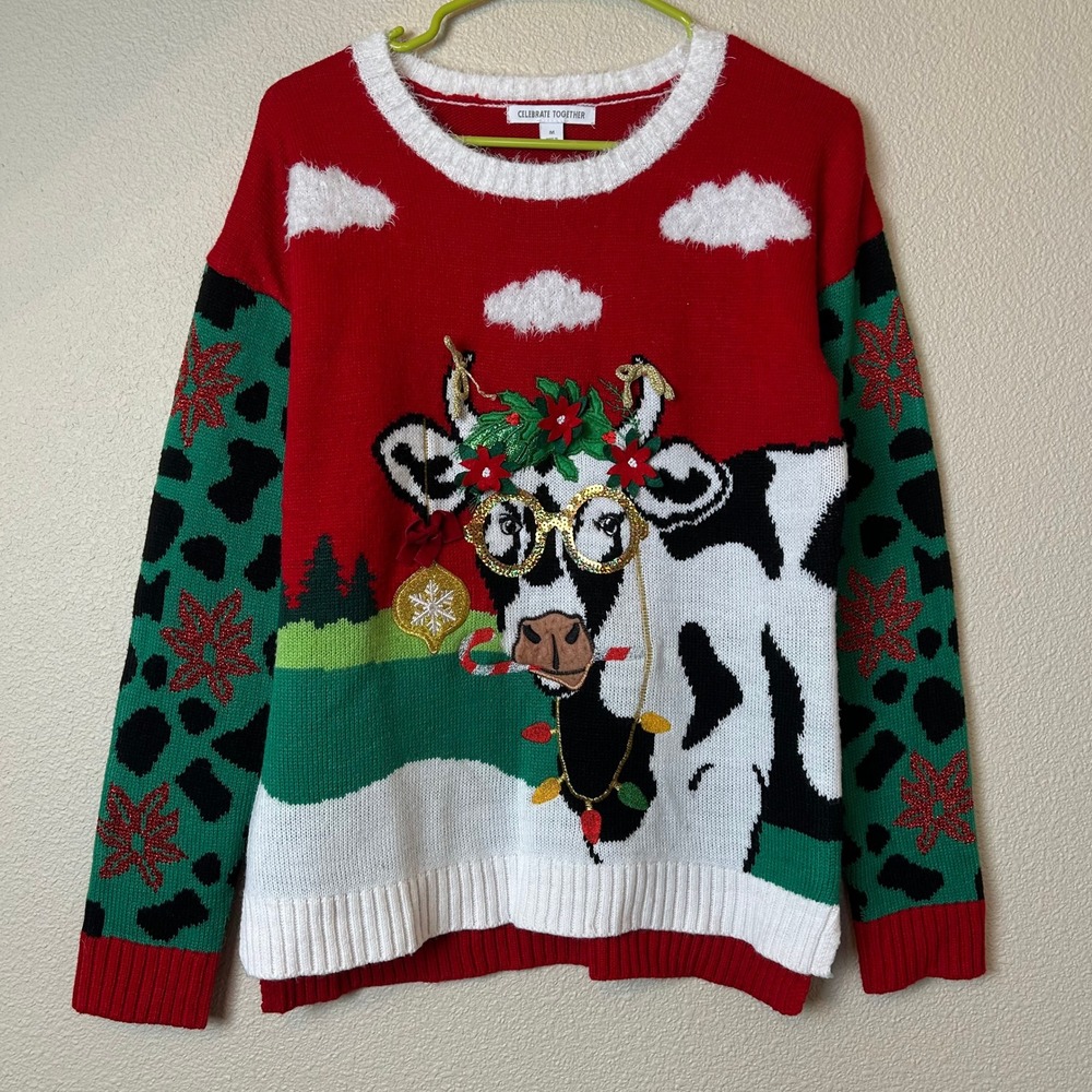 Celebrate Together Womens Christmas Holiday Cow Sweater Red Green Sequin M